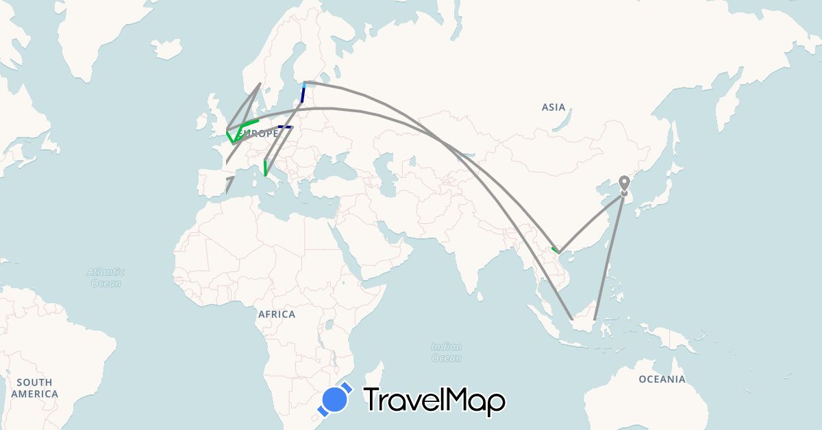 TravelMap itinerary: driving, bus, plane, boat in Germany, Estonia, Spain, Finland, France, United Kingdom, Indonesia, Italy, South Korea, Latvia, Morocco, Netherlands, Norway, Poland, Portugal, Vietnam (Africa, Asia, Europe)